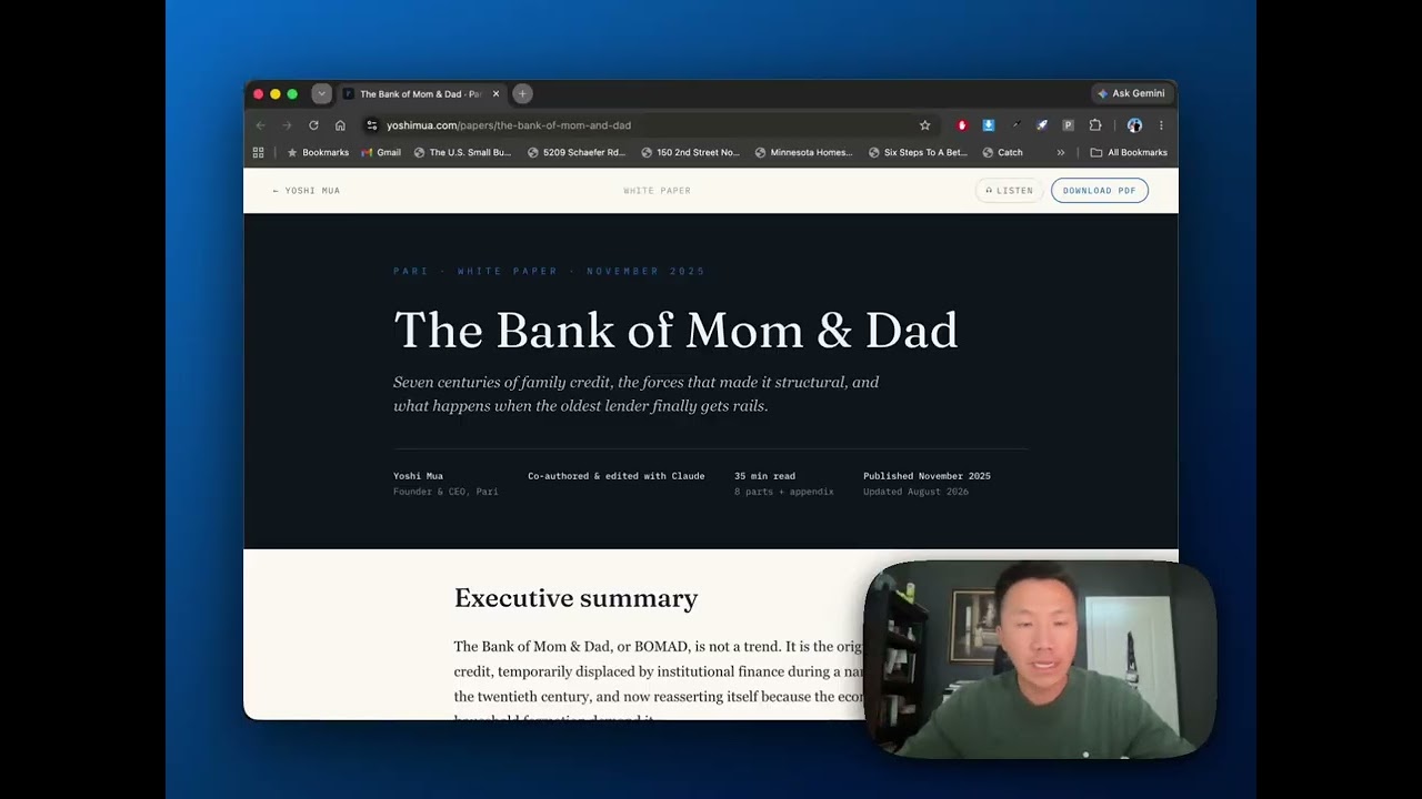 Yoshi Mua on camera, introducing The Bank of Mom & Dad
